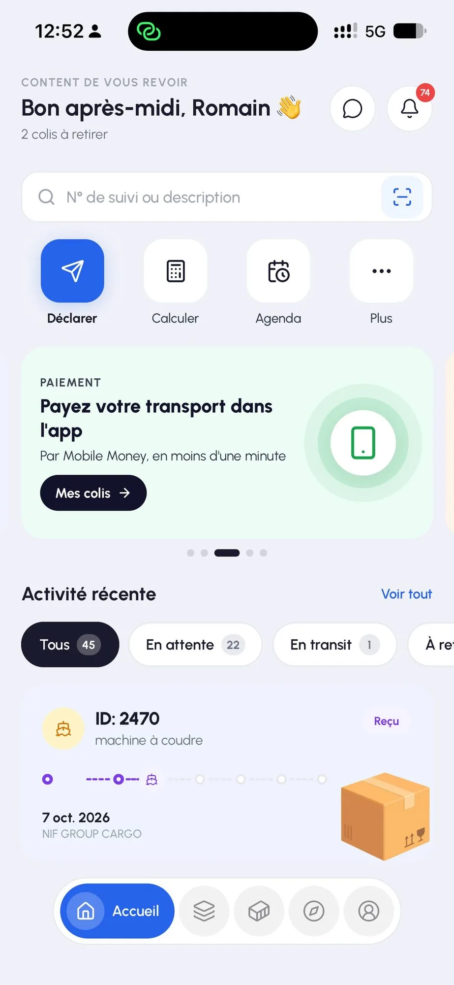 Accueil de l'app : recherche, déclaration et activité récente