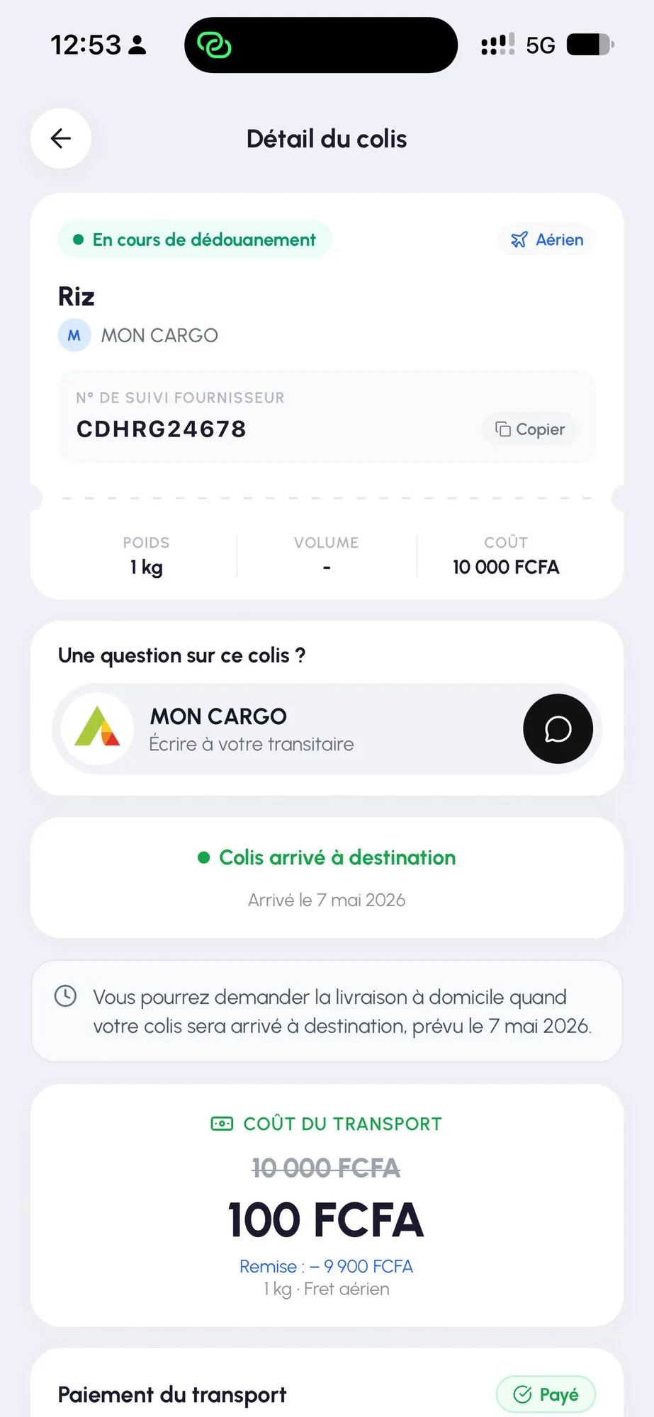 Détail du colis : statut, coût et paiement